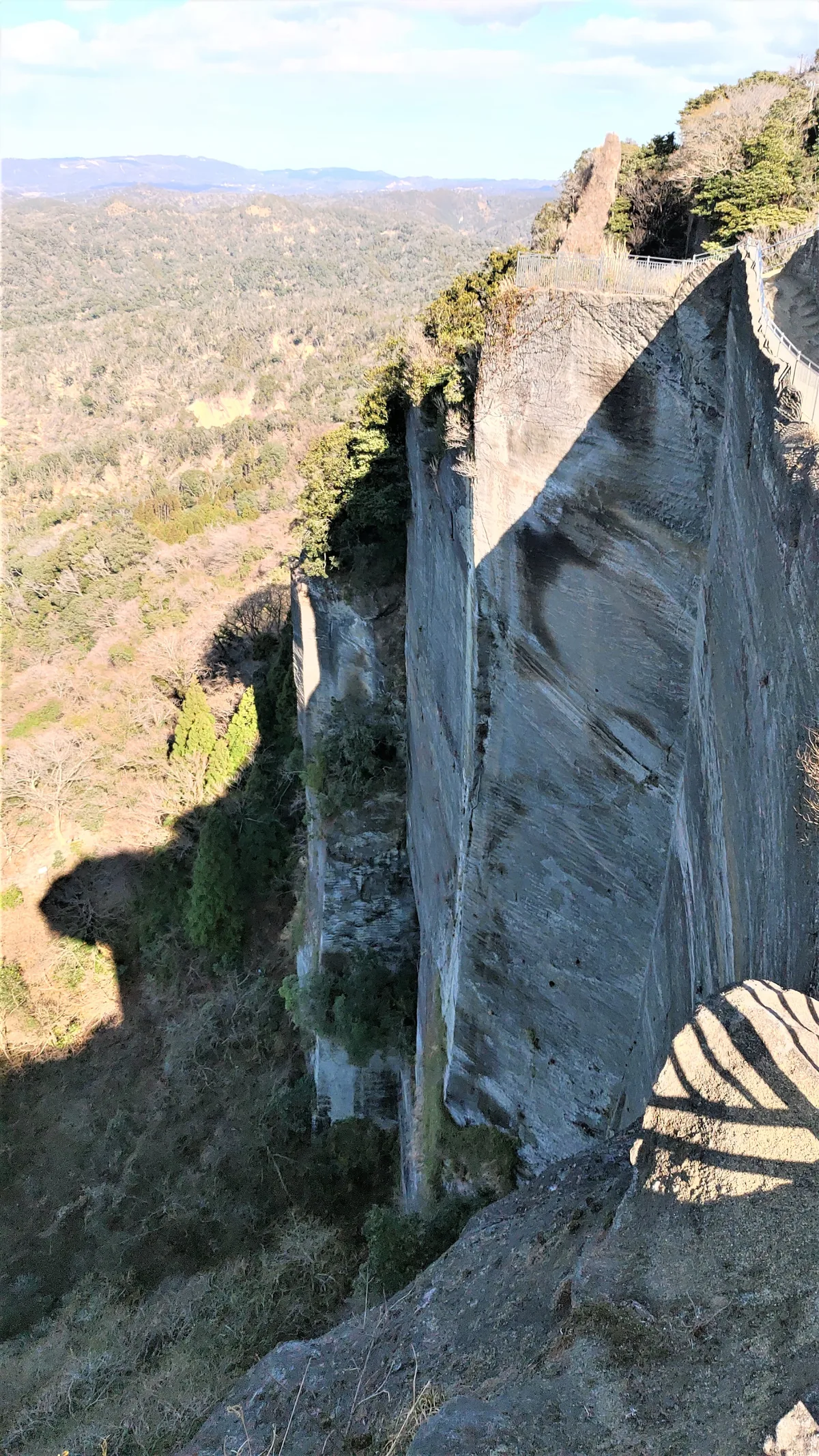 鋸山に残る高く垂直な採石場跡の岩壁
